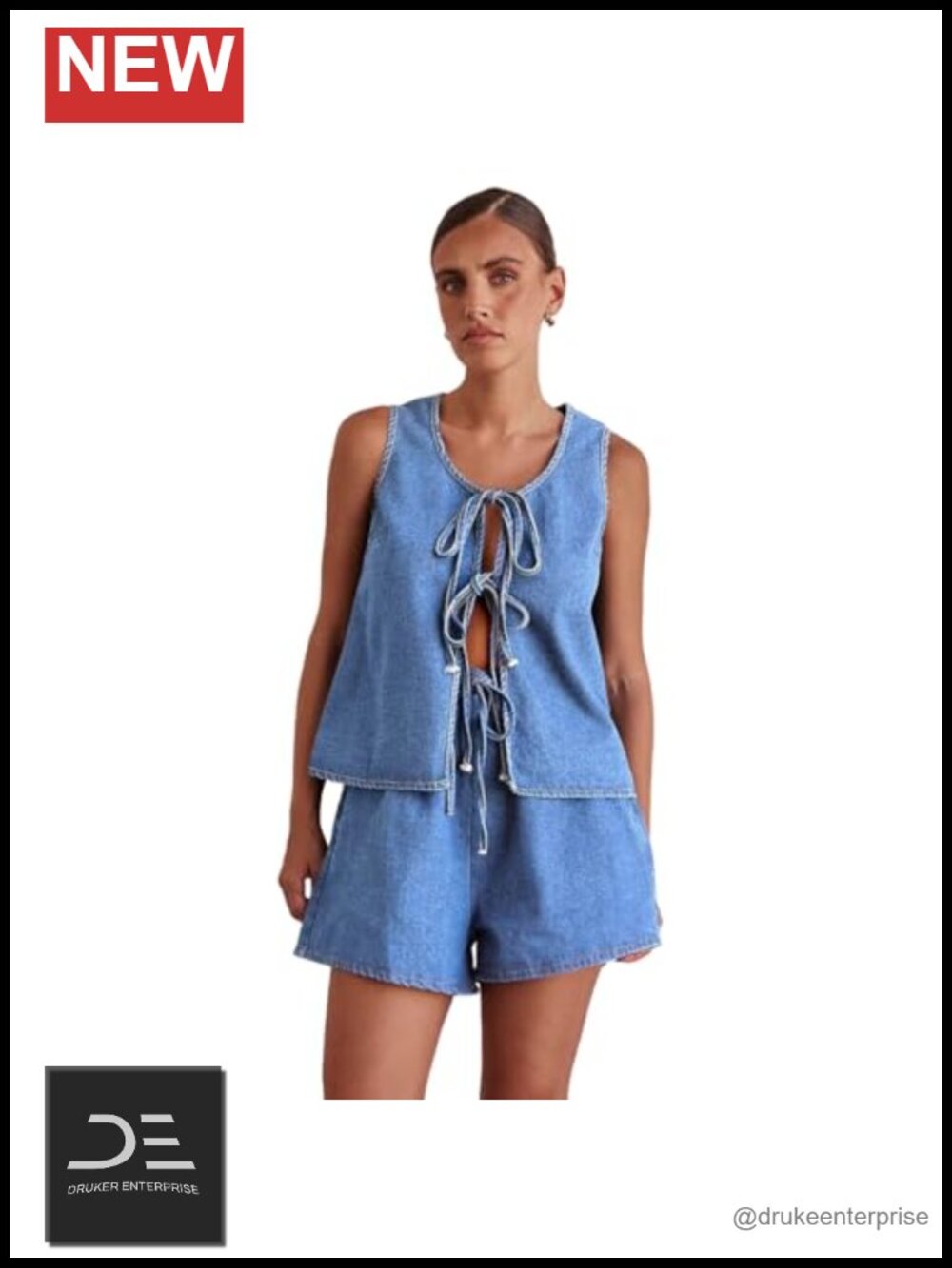 Denim Two Piece Set Sleeveless Lace Up Vest Shorts Summer Casual